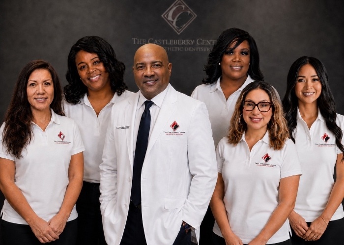 Louetta dentist and dental team members at the Castleberry Center smiling outdoors