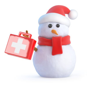 Snowman holding a first-aid kit