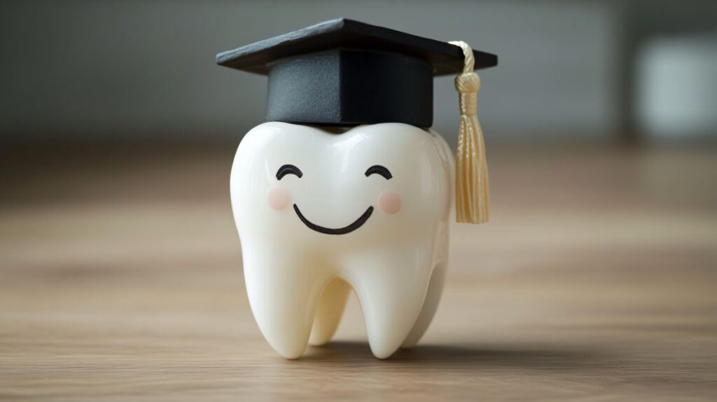 An AI image of a tooth in a graduation cap.